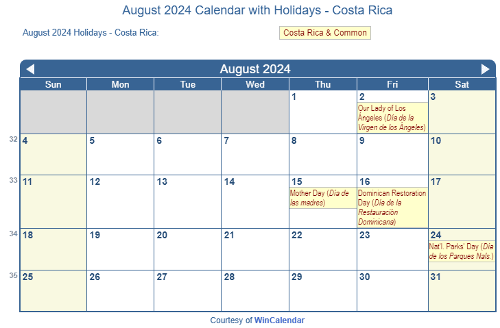 August 2024 Calendar with Costa Rica Holidays to Print