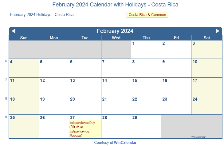 February 2024 Calendar with Costa Rica Holidays to Print