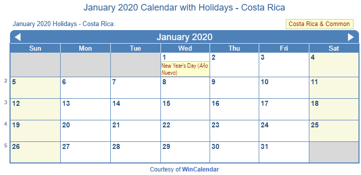 Print Friendly January 2020 Costa Rica Calendar for printing