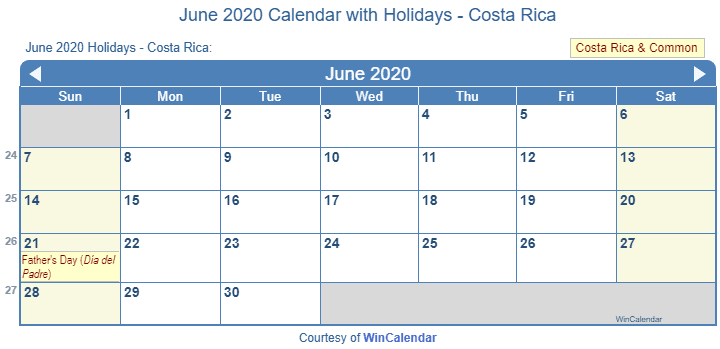 Que dia es el dia del padre en costa rica Print Friendly June 2020 Costa Rica Calendar For Printing
