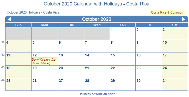 Print Friendly October 2020 Costa Rica Calendar for printing