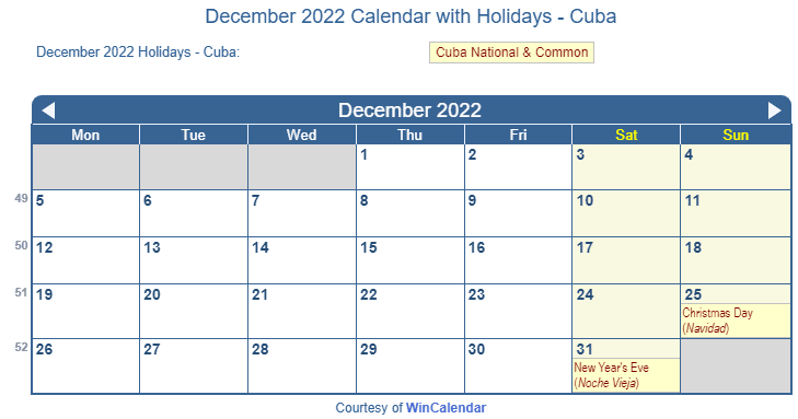 December 2022 Calendar with Cuba Holidays to Print