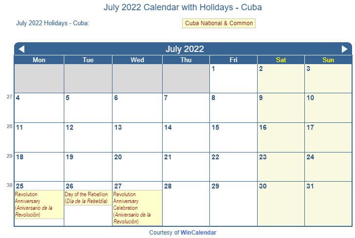 July 2022 Calendar with Cuba Holidays to Print