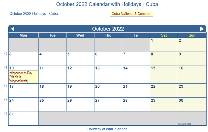 October 2022 Calendar with Cuba Holidays to Print