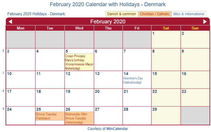 Print Friendly February 2020 Denmark Calendar For Printing