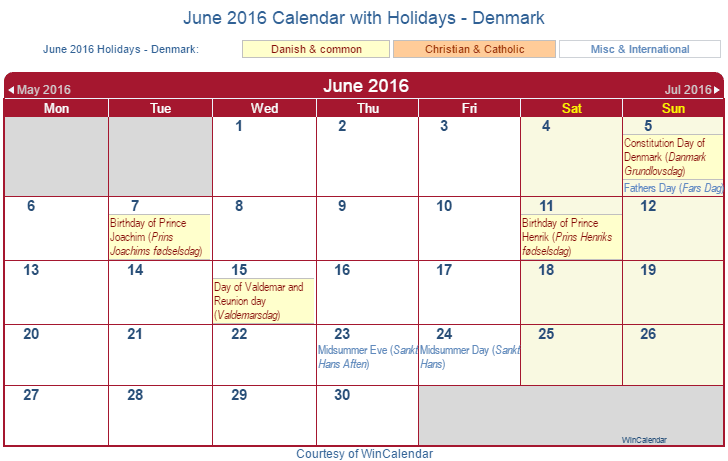 Print Friendly June 2016 Denmark Calendar For Printing