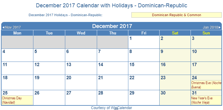 Print Friendly December 2017 Dominican-Republic Calendar ...