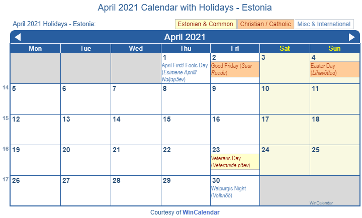 april 2021 calendar wincalendar Print Friendly April 2021 Estonia Calendar For Printing april 2021 calendar wincalendar