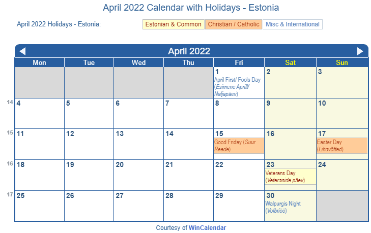 April 2022 Calendar with Estonian Holidays to Print