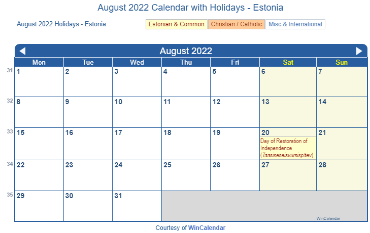 August 2022 Calendar with Estonian Holidays to Print