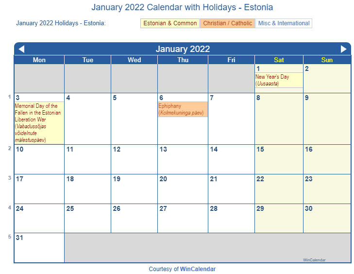 January 2022 Calendar with Estonian Holidays to Print