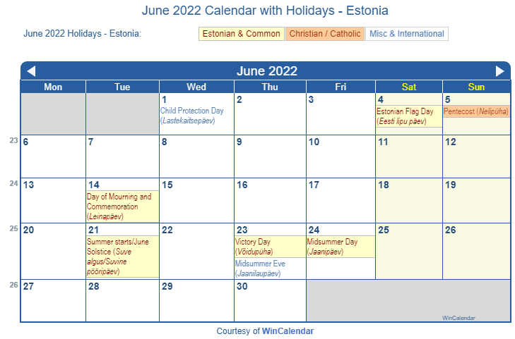 June 2022 Calendar with Estonian Holidays to Print
