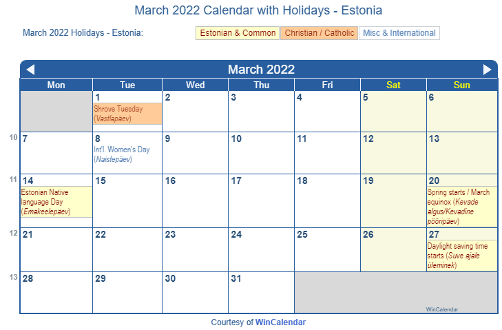 March 2022 Calendar with Estonian Holidays to Print