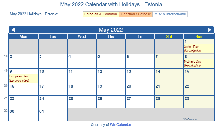 May 2022 Calendar with Estonian Holidays to Print