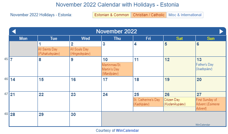 November 2022 Calendar with Estonian Holidays to Print