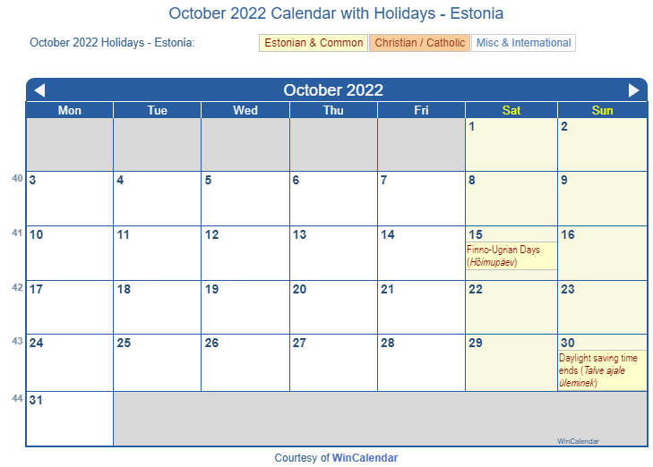 October 2022 Calendar with Estonian Holidays to Print