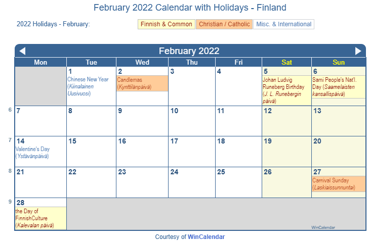 February 2022 Calendar With Holidays Print Friendly February 2022 Finland Calendar For Printing