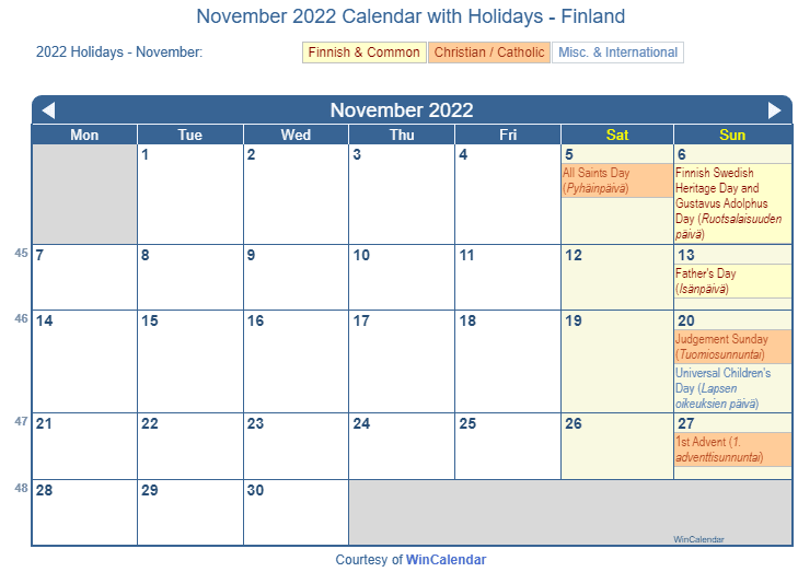 Print Friendly November 2022 Finland Calendar for printing