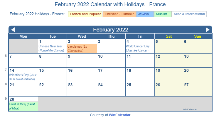 February 2022 Calendar with France Holidays (Including Christian, Jewish, Muslim) to Print