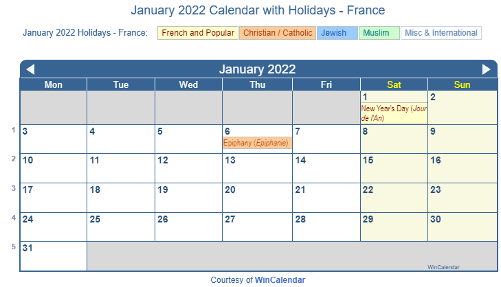 January 2022 Calendar with France Holidays (Including Christian, Jewish, Muslim) to Print