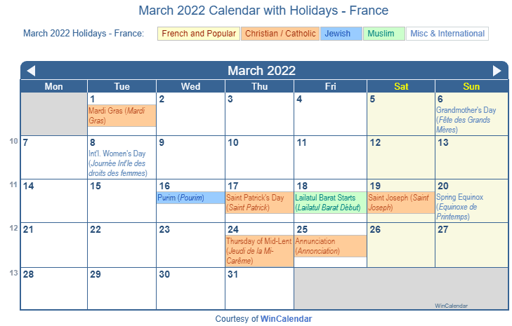 March 2022 Calendar with France Holidays (Including Christian, Jewish, Muslim) to Print