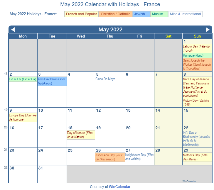 May 2022 Calendar with France Holidays (Including Christian, Jewish, Muslim) to Print