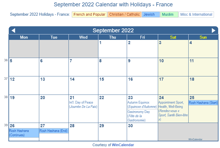 September 2022 Holiday Calendar Print Friendly September 2022 France Calendar For Printing