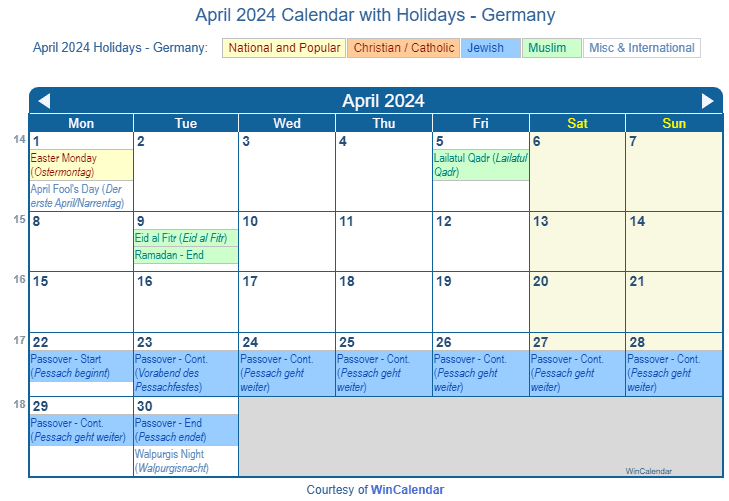 Print Friendly April 2024 Germany Calendar for printing