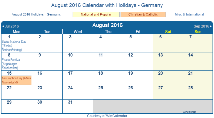 Print Friendly August 16 Germany Calendar For Printing