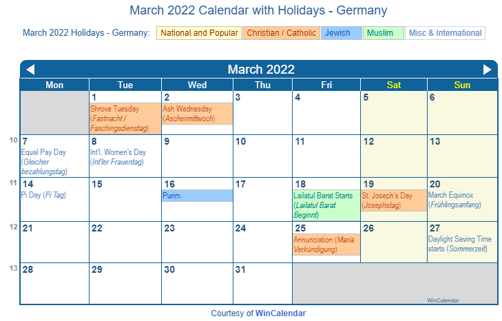 March 2022 Calendar With Holidays Print Friendly March 2022 Germany Calendar For Printing