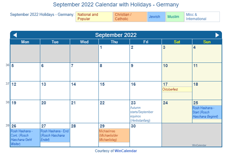 September 2022 Calendar With Holidays Print Friendly September 2022 Germany Calendar For Printing