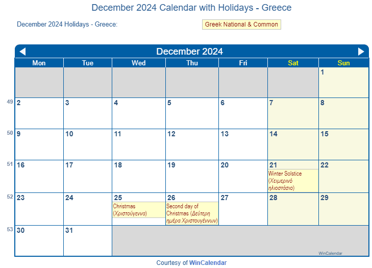 December 2024 Calendar with Greece Holidays to Print
