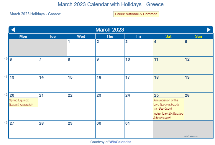 March 2023 Calendar with Greece Holidays to Print