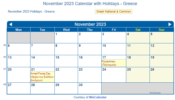 November 2023 Calendar with Greece Holidays to Print