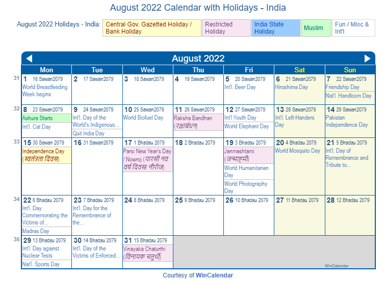 August 2022 Calendar with India Holidays to Print