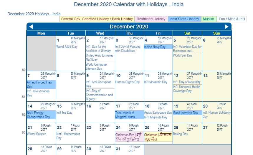 December 2020 Calendar with India Holidays to Print