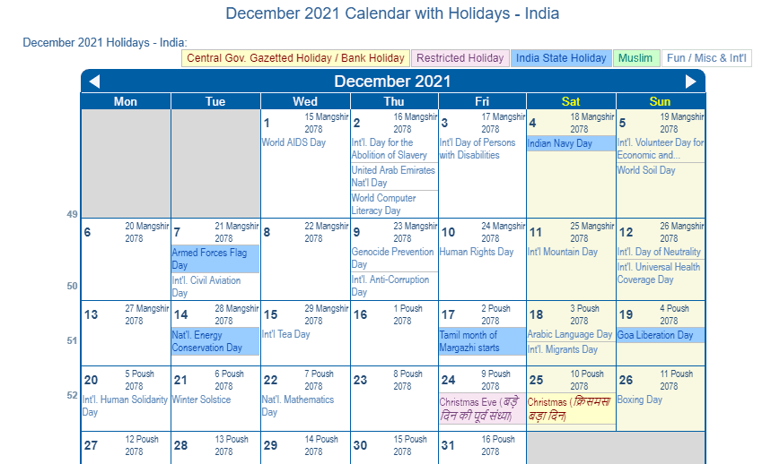 December 2021 Calendar with India Holidays to Print