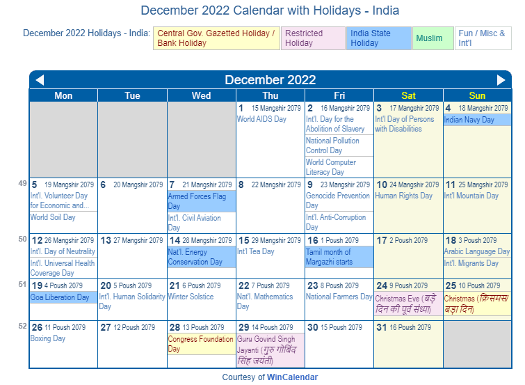 December 2022 Calendar with India Holidays to Print