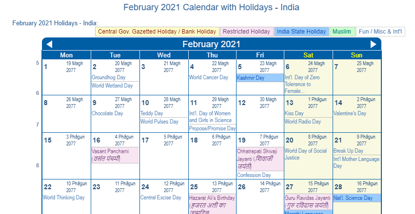 February 2021 Calendar with India Holidays to Print