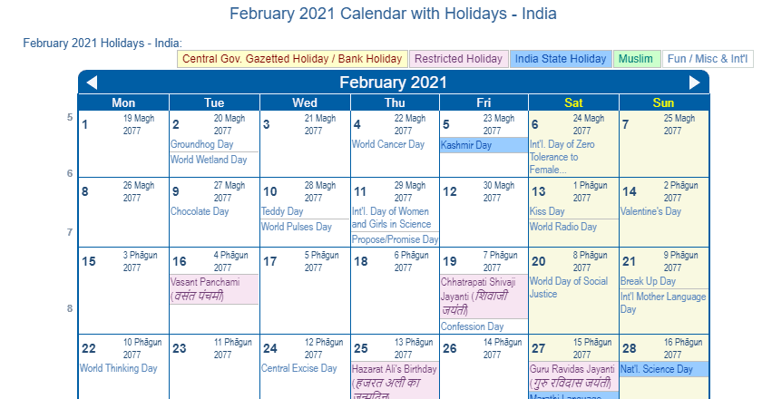 Print Friendly February 2021 India Calendar for printing Print Friendly February 2021 India Calendar for printing