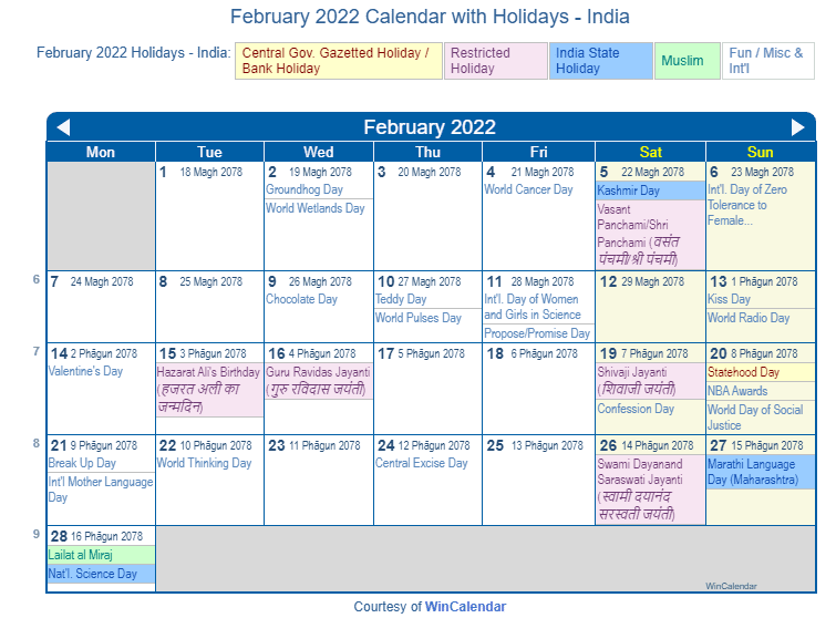 February 2022 Calendar with India Holidays to Print