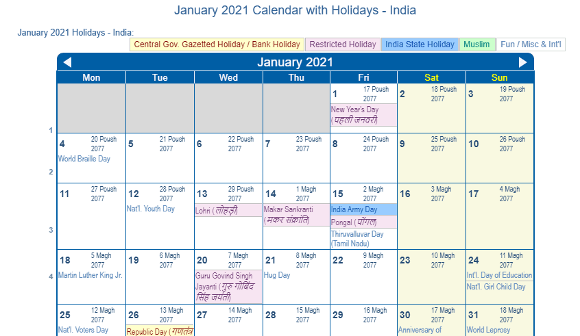 January 2021 Calendar with India Holidays to Print