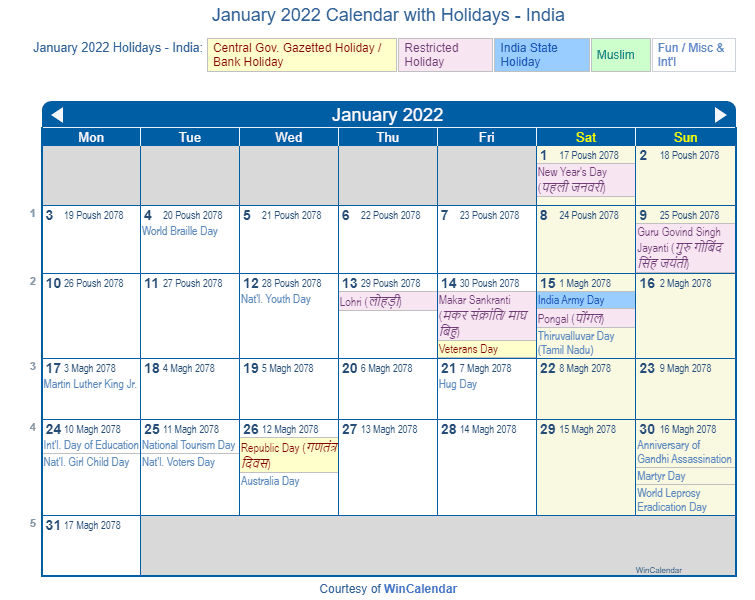January 2022 Calendar with India Holidays to Print