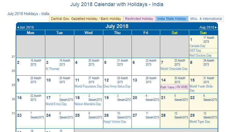 Print Friendly July 2018 India Calendar For Printing