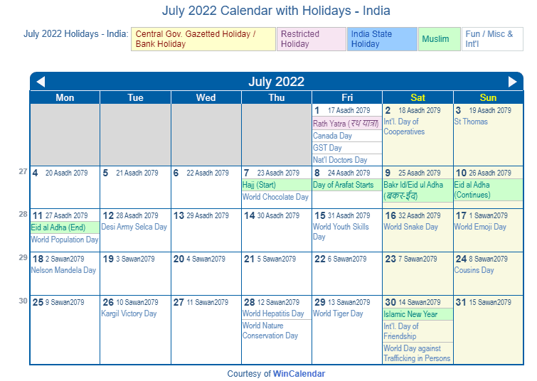 July 2022 Calendar with India Holidays to Print