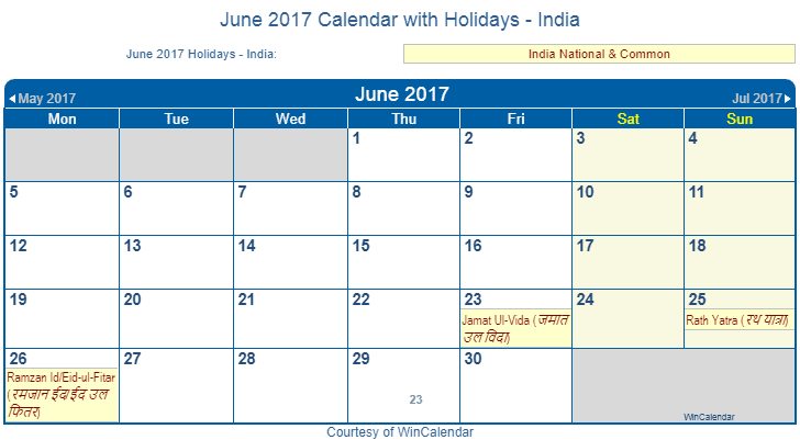 Print Friendly June 17 India Calendar For Printing