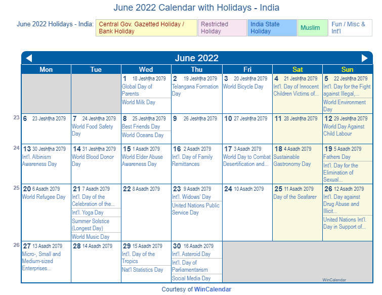 June 2022 Calendar with India Holidays to Print