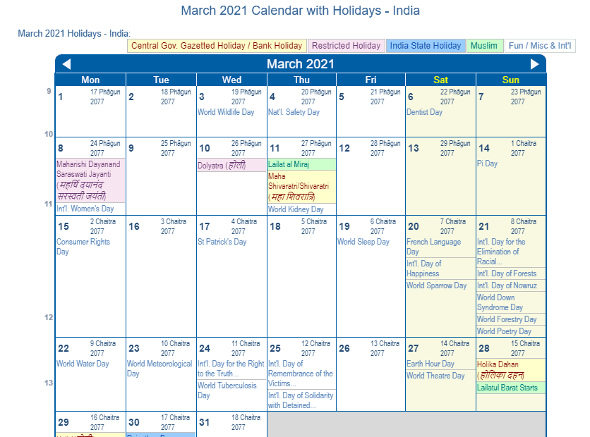March 2021 Calendar with India Holidays to Print