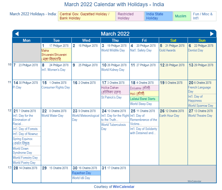 March 2022 Calendar with India Holidays to Print