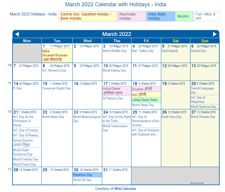 Print Friendly March 2022 India Calendar for printing